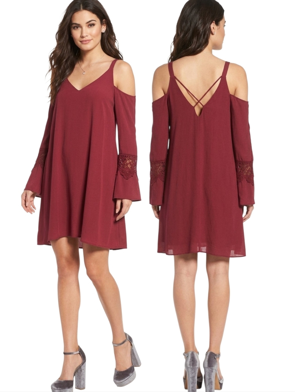 ASTR the Label Burgundy Cold-shoulder Lace Trimmed Shift Dress - Size S
